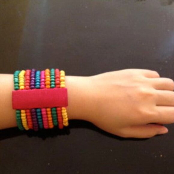 Ethnic African Artisan Made Wooden Bead 10 Row Stretch Bracelet NEW - Picture 2 of 6